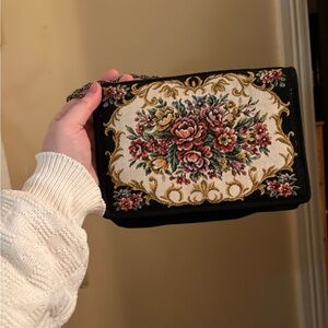 Vintage floral tapestry clutch purse with a chain strap